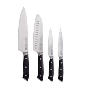 Everyday set of kives featuring a chefs knife, santoku knife, utility knife and serrated utility knife.