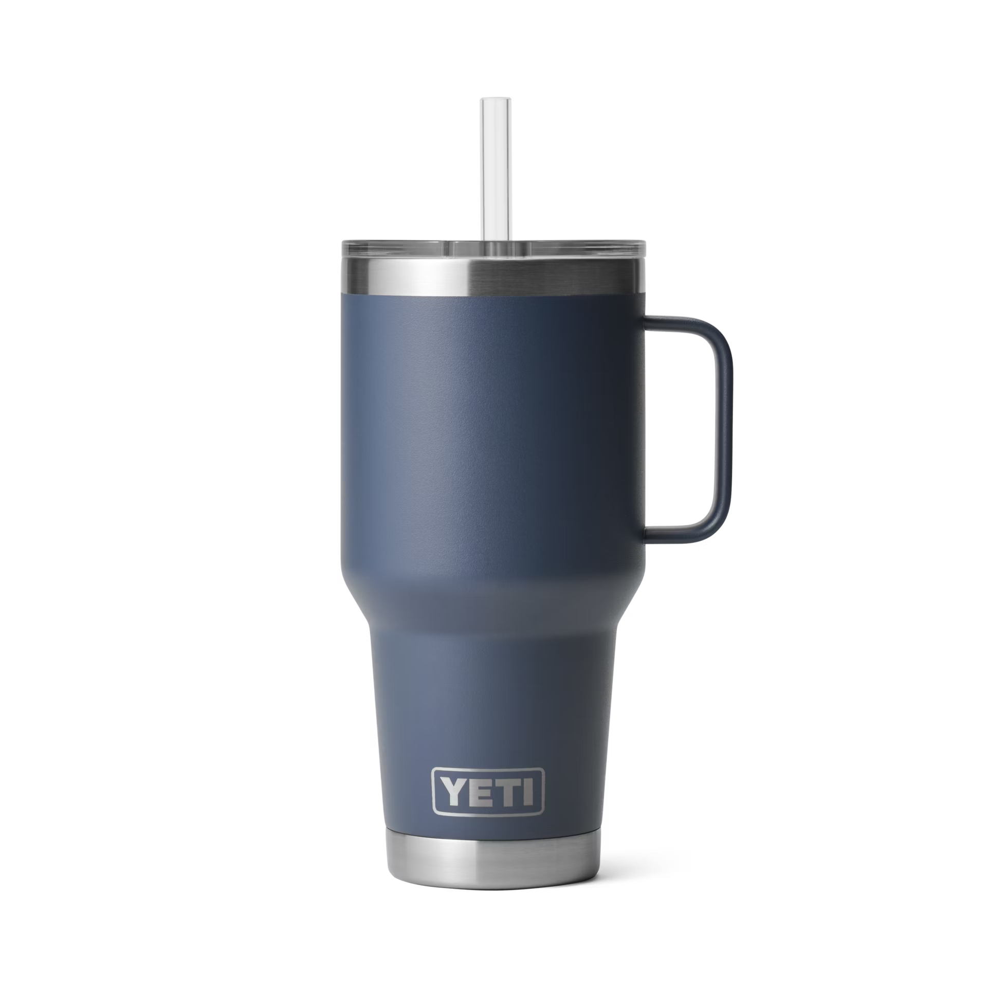 Rambler 35oz Straw Mug Navy 1 Double wall insulated mugs featuring a straw lid to keep beverages cold.