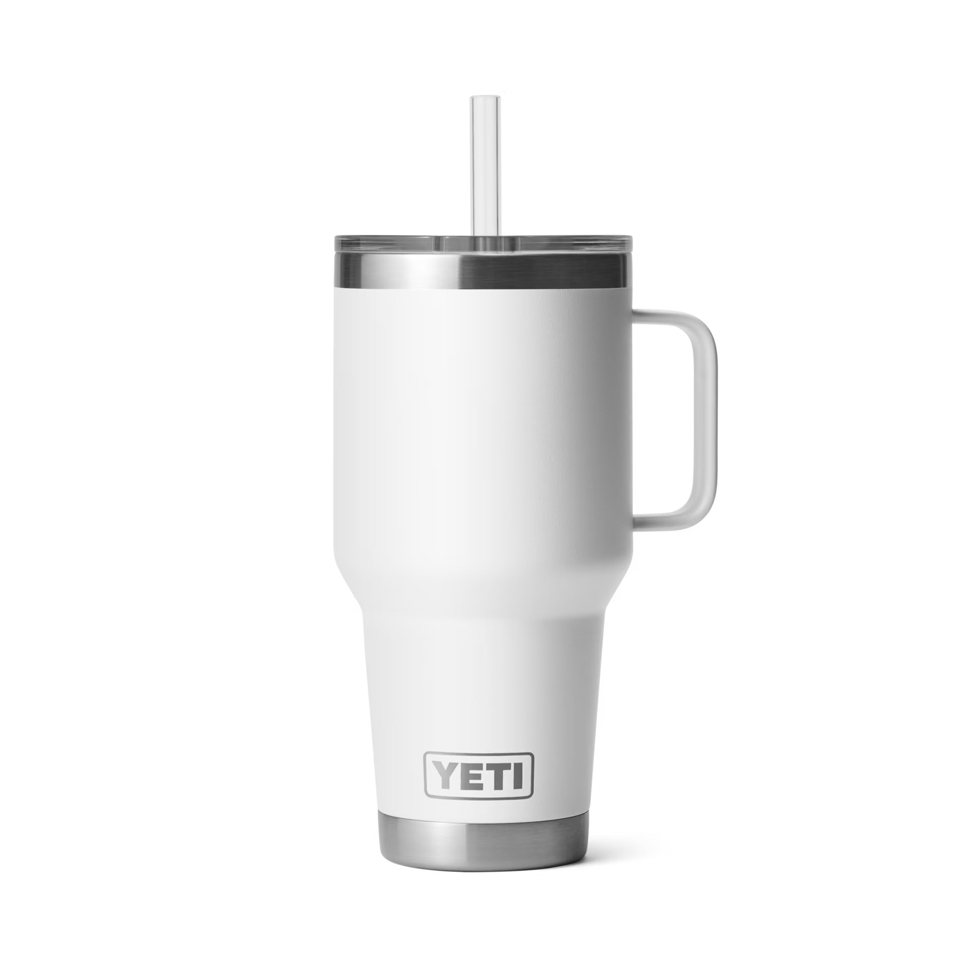 Rambler 35oz Straw Mug White 1 Double wall insulated mugs featuring a straw lid to keep beverages cold.
